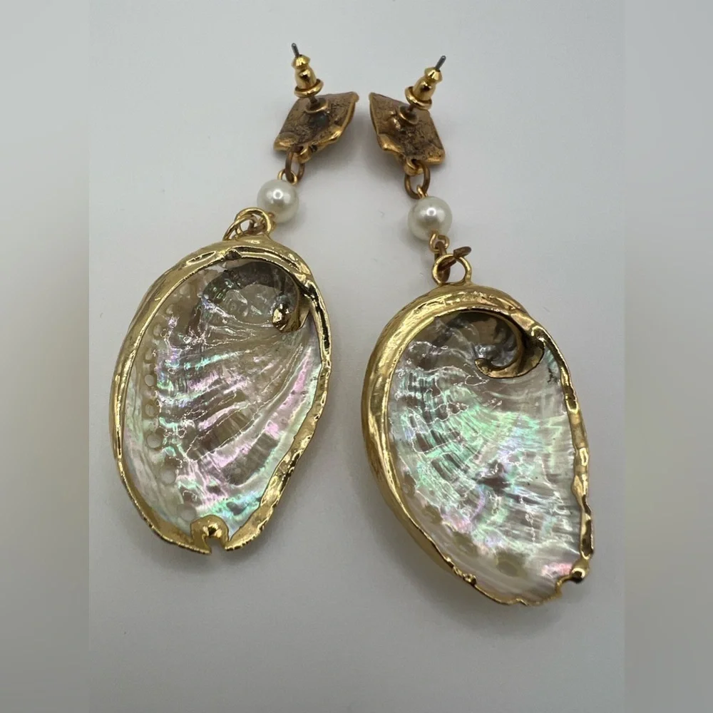Abalone sea shell earrings gold edged - pierced